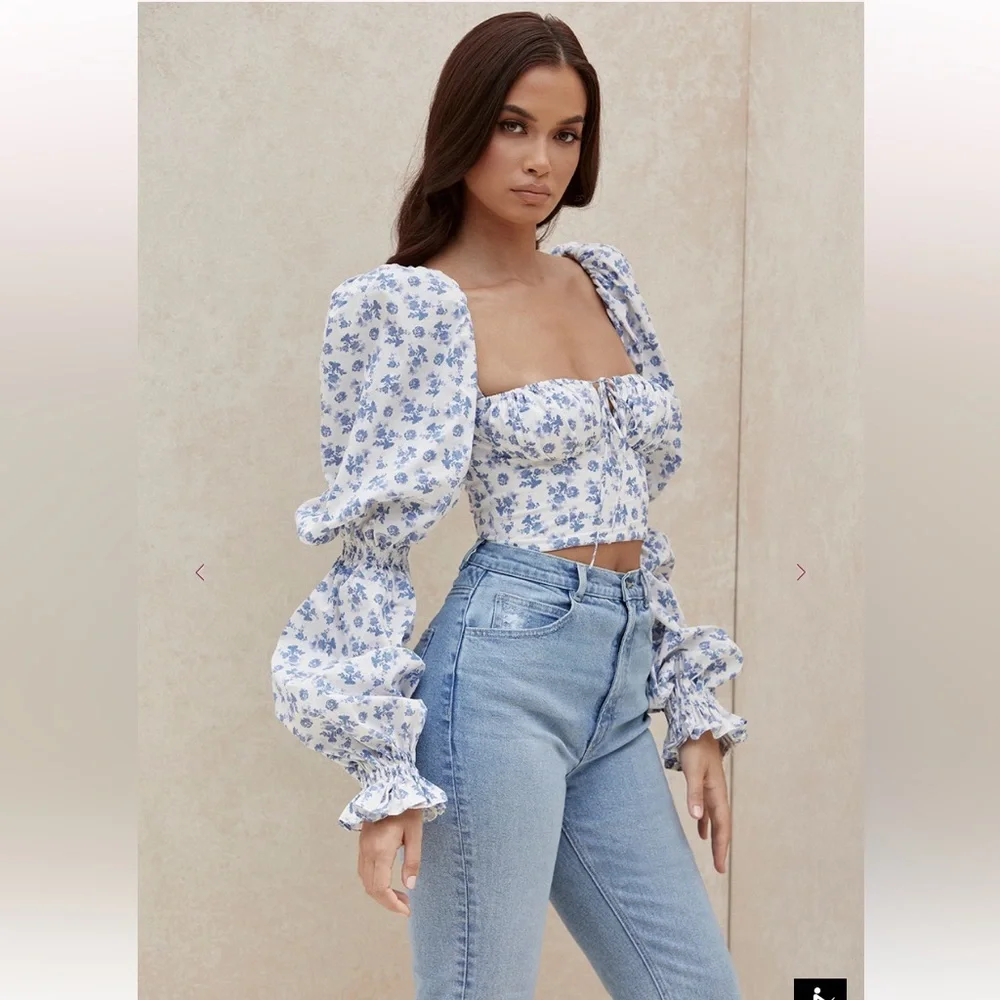 House of CB | EUC Blue Print Cropped Corset Top | Sz XS - Picture 11 of 12